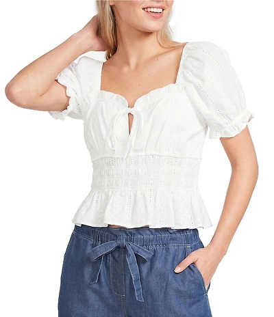Blu Pepper Short Puff Sleeve Ruffled Tie Front Blouse