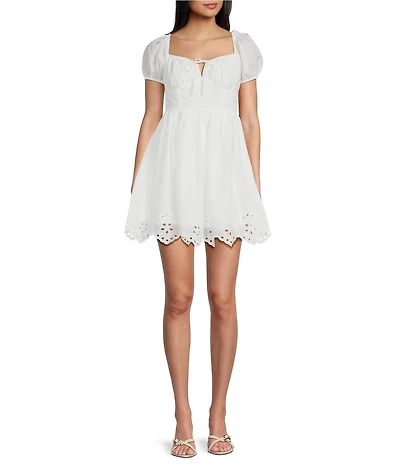 Blu Pepper Short Puff Sleeve Tie Front Eyelet Trim Dress