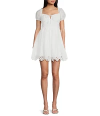 Blu Pepper Short Puff Sleeve Tie Front Eyelet Trim Dress