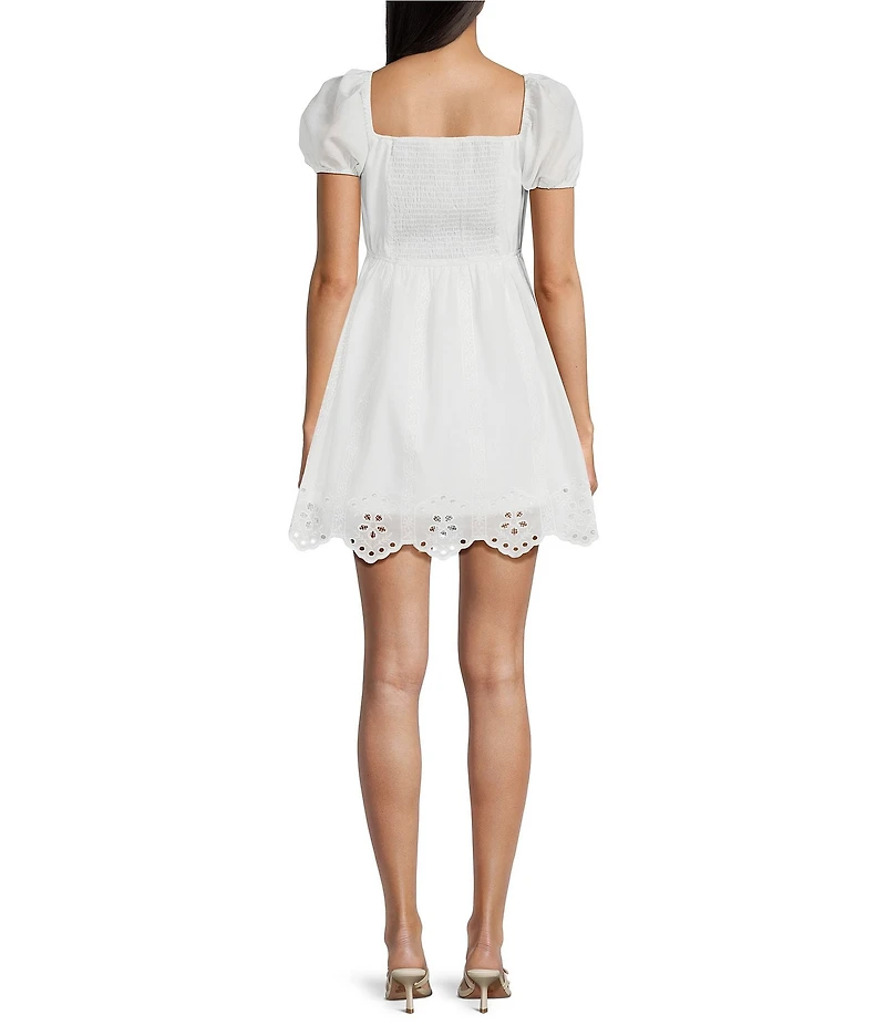 Blu Pepper Short Puff Sleeve Tie Front Eyelet Trim Dress