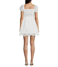 Blu Pepper Short Puff Sleeve Tie Front Eyelet Trim Dress