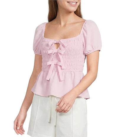 Blu Pepper Short Puff Sleeve Tie Front Shirred Blouse