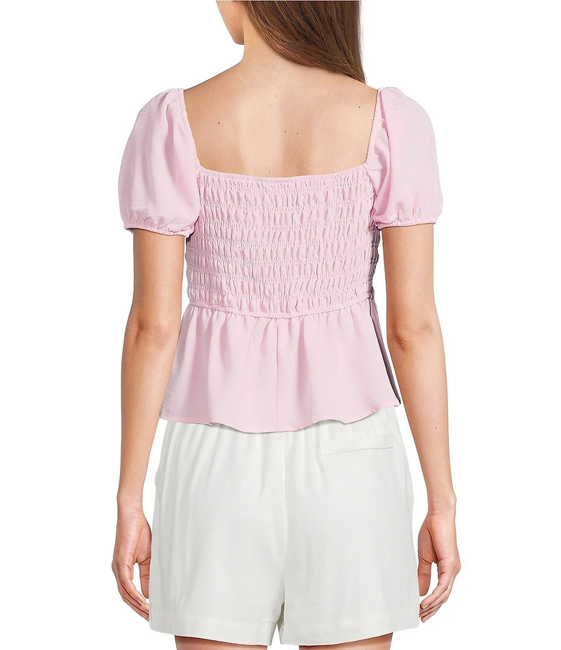 Blu Pepper Short Puff Sleeve Tie Front Shirred Blouse