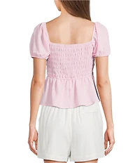 Blu Pepper Short Puff Sleeve Tie Front Shirred Blouse