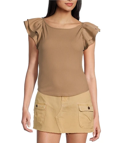 Blu Pepper Short Ribbed Flutter Sleeve Knit Top