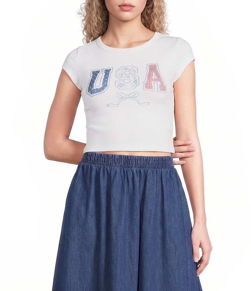 Blu Pepper Short Sleeve Graphic Bow Cropped Baby Tee