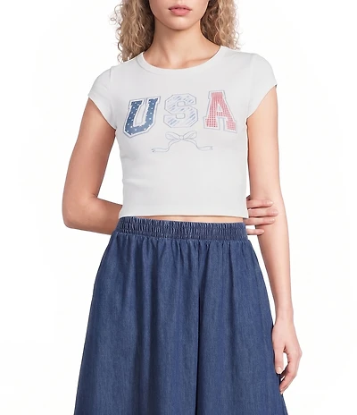 Blu Pepper Short Sleeve Graphic Bow Cropped Baby Tee