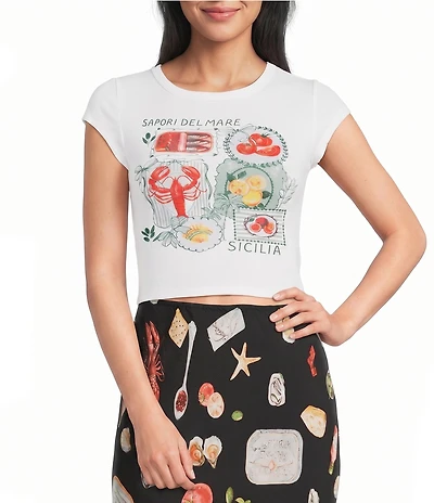 Blu Pepper Short Sleeve Printed Graphic Cropped Baby Tee