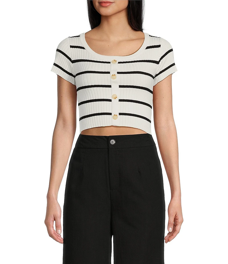 Blu Pepper Short Sleeve Stripe Fine Gauge Crop Sweater Top