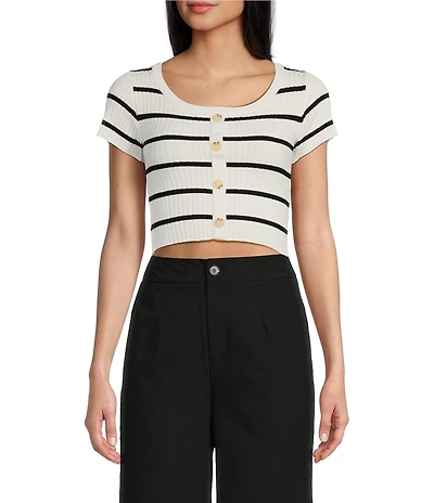 Blu Pepper Short Sleeve Stripe Fine Gauge Crop Sweater Top