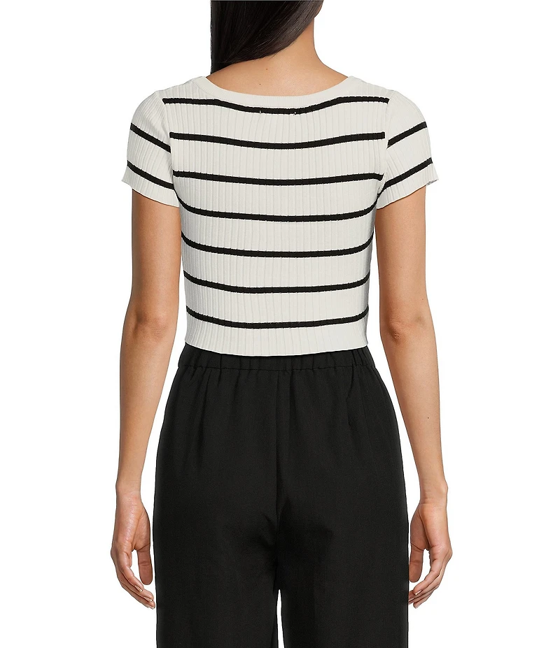 Blu Pepper Short Sleeve Stripe Fine Gauge Crop Sweater Top