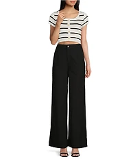Blu Pepper Short Sleeve Stripe Fine Gauge Crop Sweater Top