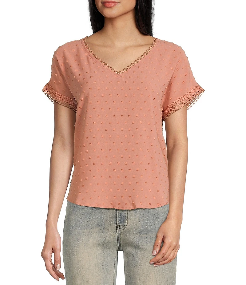 Blu Pepper Short Sleeve V-Neck Scallop Lace Trim Top