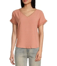 Blu Pepper Short Sleeve V-Neck Scallop Lace Trim Top