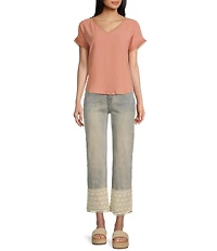 Blu Pepper Short Sleeve V-Neck Scallop Lace Trim Top