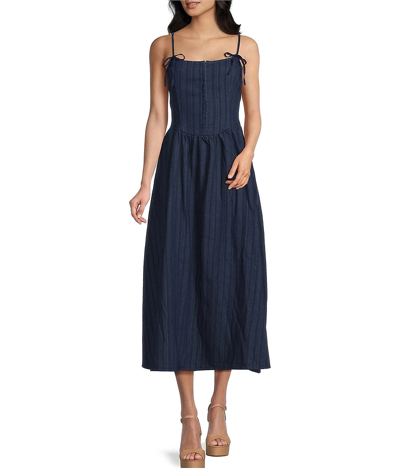 Blu Pepper Shoulder Tie Square Neck Drop Waist Midi Dress