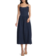 Blu Pepper Shoulder Tie Square Neck Drop Waist Midi Dress