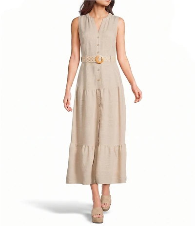 Blu Pepper Sleeveless Button Front Belted Tiered Midi Dress