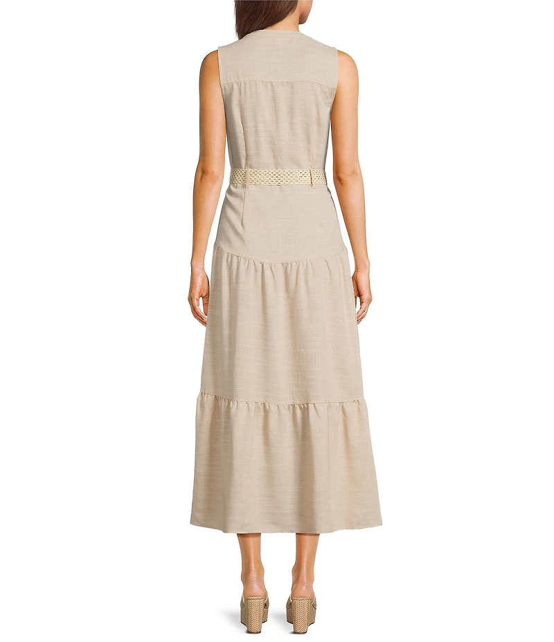 Blu Pepper Sleeveless Button Front Belted Tiered Midi Dress