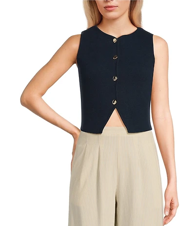 Blu Pepper Sleeveless Knit Button Front Split Hem Cropped Sweater Vest