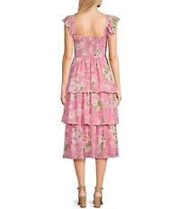 Blu Pepper Sleeveless Smoke Floral Tiered Ruffle Midi Dress