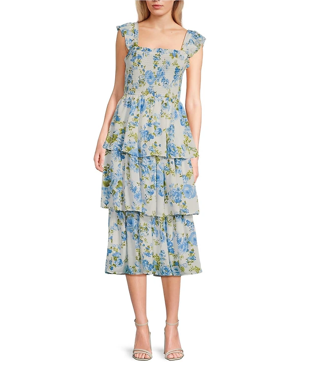 blue and white pinstripe dress Blu Pepper Brush Stroke Print Tiered Midi Dress – Essence Elegance main image 1