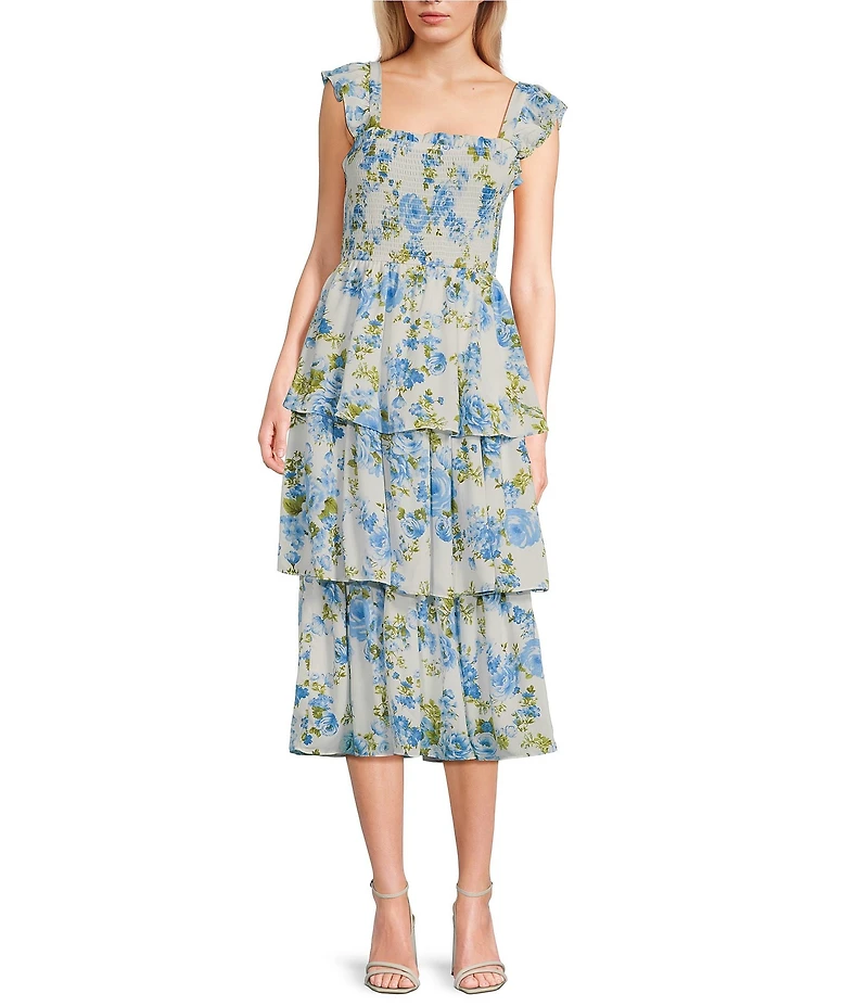 Blu Pepper Sleeveless Smoke Floral Tiered Ruffle Midi Dress