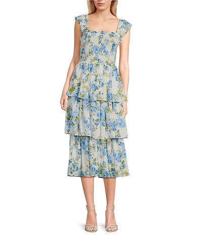 Blu Pepper Sleeveless Smoke Floral Tiered Ruffle Midi Dress