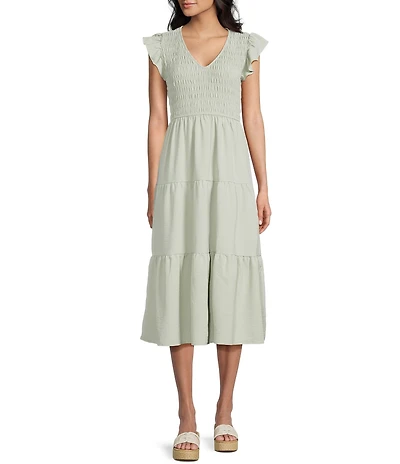 Blu Pepper Smocked V-Neck Flutter Tiered Midi Dress