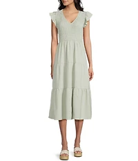 Blu Pepper Smocked V-Neck Flutter Tiered Midi Dress