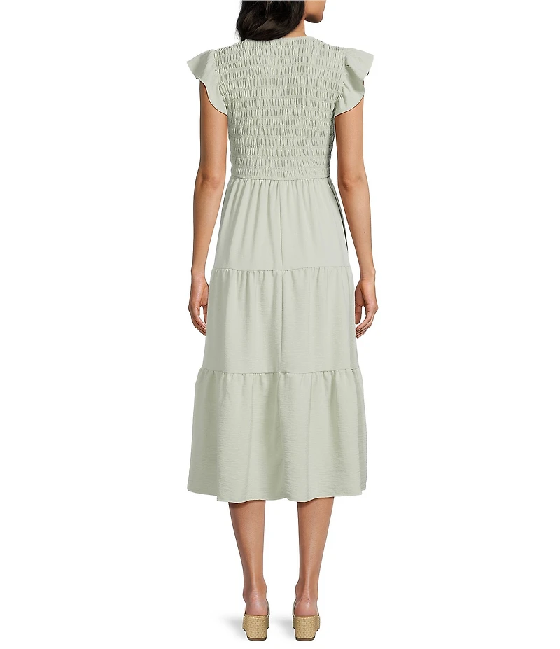 Blu Pepper Smocked V-Neck Flutter Tiered Midi Dress