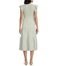 Blu Pepper Smocked V-Neck Flutter Tiered Midi Dress