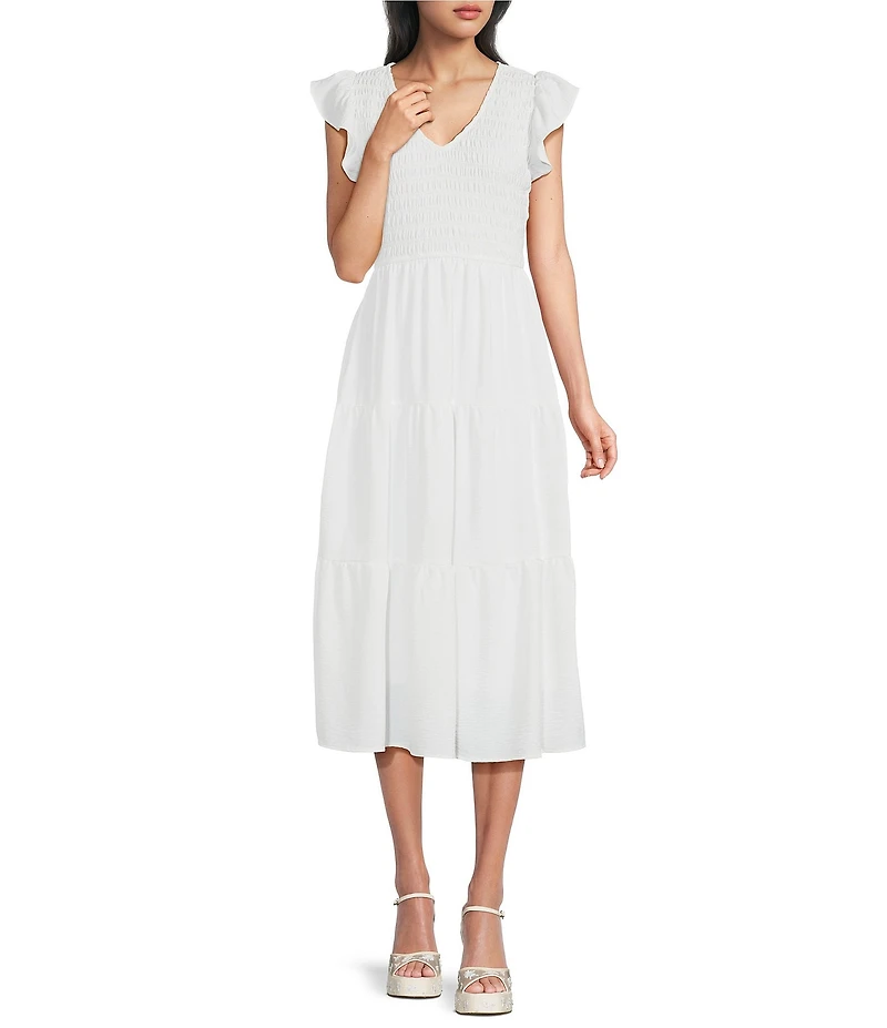 Blu Pepper Smocked V-Neck Flutter Tiered Midi Dress