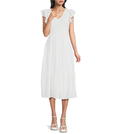 Blu Pepper Smocked V-Neck Flutter Tiered Midi Dress