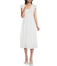 Blu Pepper Smocked V-Neck Flutter Tiered Midi Dress