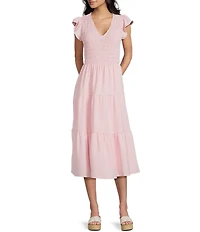 Blu Pepper Smocked V-Neck Flutter Tiered Midi Dress