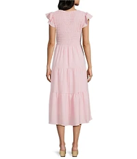 Blu Pepper Smocked V-Neck Flutter Tiered Midi Dress