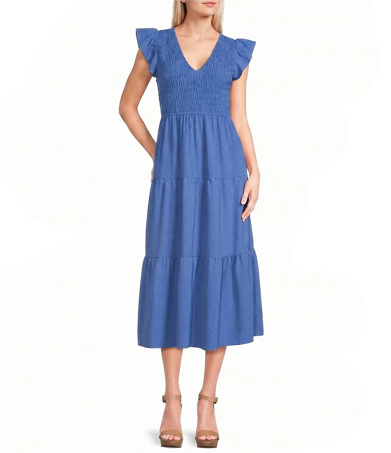 Blu Pepper Smocked V-Neck Flutter Tiered Midi Dress
