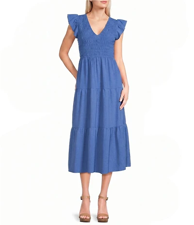 Blu Pepper Smocked V-Neck Flutter Tiered Midi Dress
