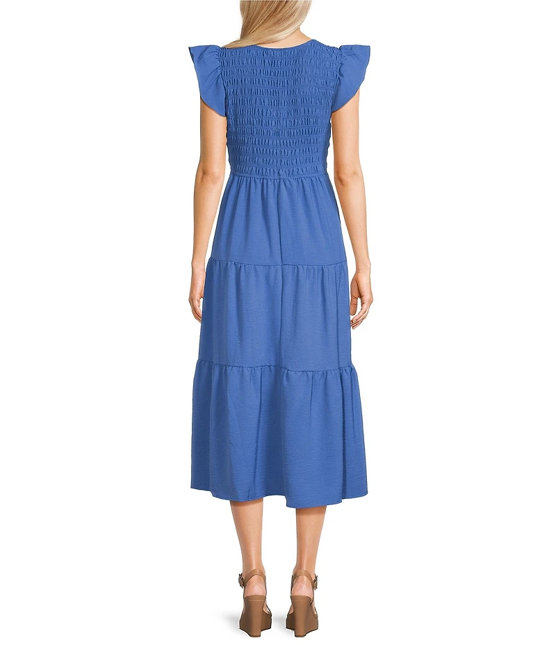 Blu Pepper Smocked V-Neck Flutter Tiered Midi Dress