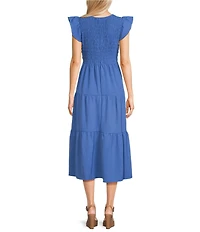 Blu Pepper Smocked V-Neck Flutter Tiered Midi Dress
