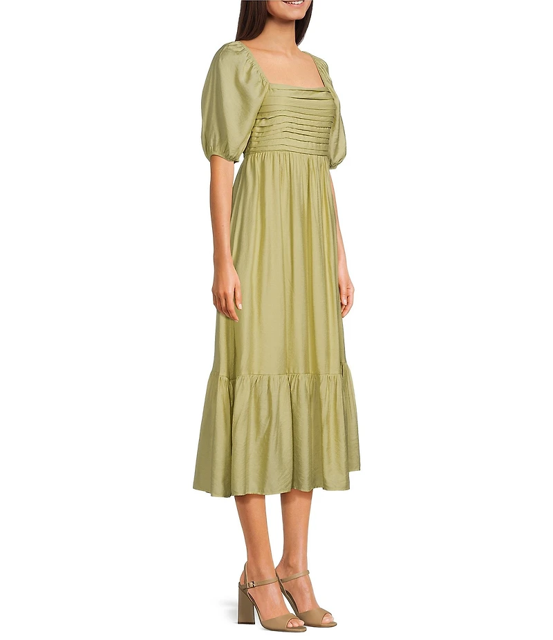 Blu Pepper Square Neck Short Puff Sleeve Pleated Midi Dress