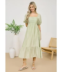 Blu Pepper Square Neck Short Puff Sleeve Pleated Midi Dress