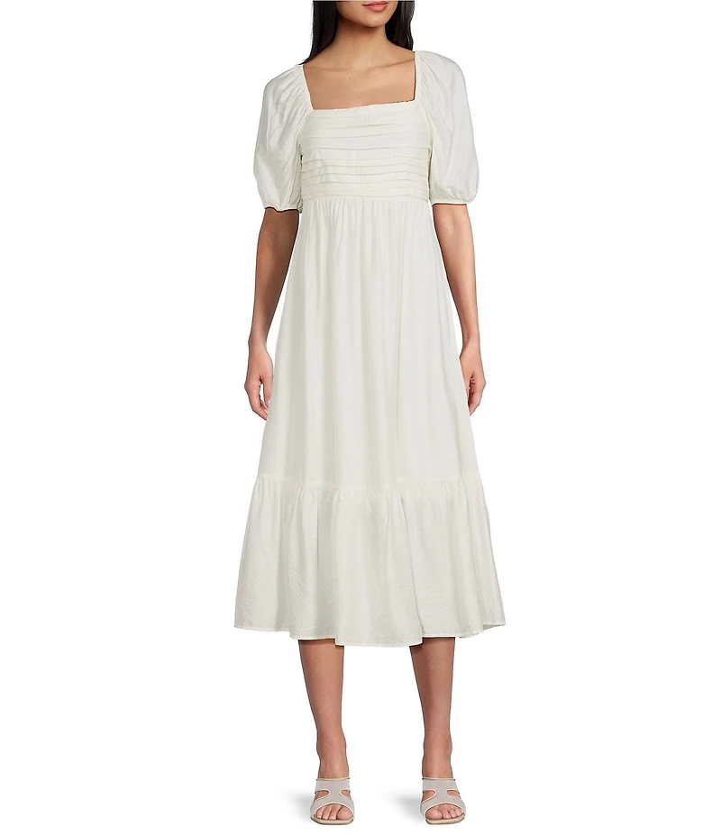 Blu Pepper Square Neck Short Puff Sleeve Pleated Midi Dress
