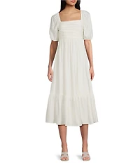 Blu Pepper Square Neck Short Puff Sleeve Pleated Midi Dress
