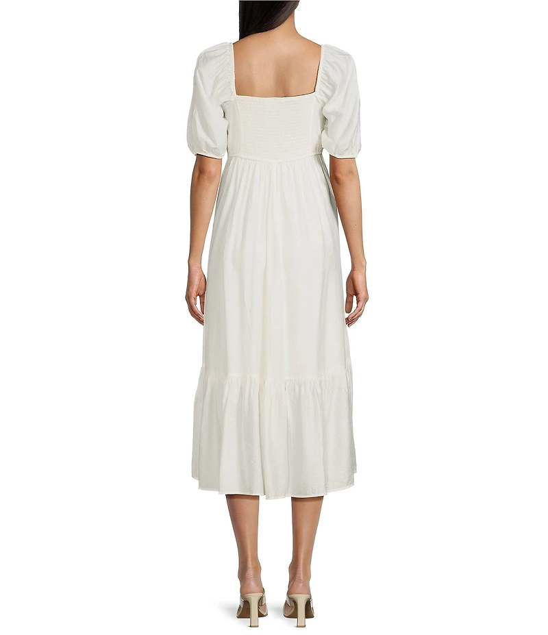 Blu Pepper Square Neck Short Puff Sleeve Pleated Midi Dress