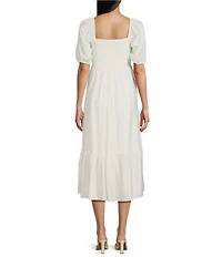 Blu Pepper Square Neck Short Puff Sleeve Pleated Midi Dress