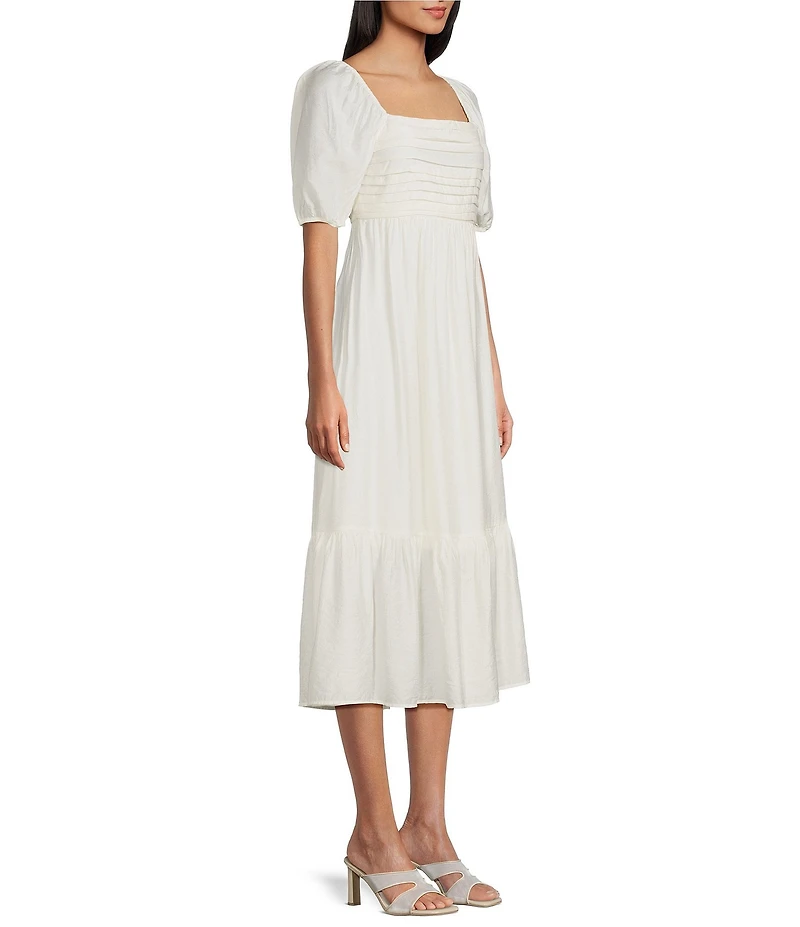 Blu Pepper Square Neck Short Puff Sleeve Pleated Midi Dress