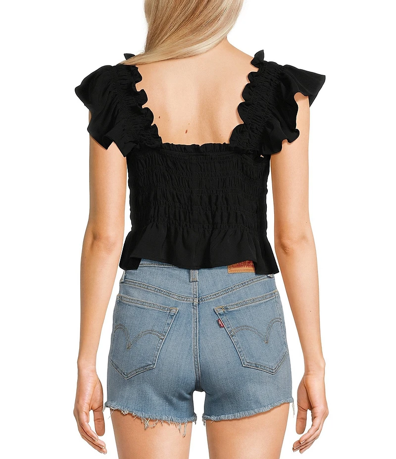 Blu Pepper Square Neck Smock Flutter Sleeve Pullover Top