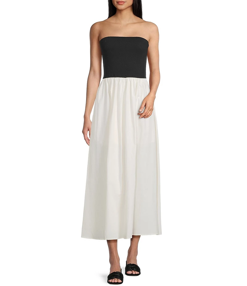 Blu Pepper Strapless Neck Mixed Media Midi Dress